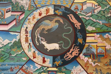 Livets hjul eller samsaras hjul (mandala): hane, slange og gris. Kopan-klosteret, Katmandu, Nepal