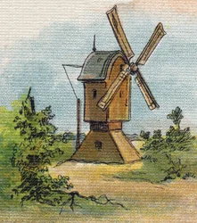 Vindmølle. Gravering i "Alphabet de ma petite fille". Bernardin-Bechet og Fils, bokhandler-forlag, Paris, rundt 1895. Ubrytelig album på lerret. Bibliotheque des Bebes. 12 sider. Album som inneholder en lesemetode og et illustrerende abecedary. Dim: