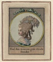 Kvinne i en ny puffstil kalt Stradre. Puff med en ny smak fortalt Stradre. Håndkolorert kobberstikk av en ukjent kunstner fra et album med moteriktige frisyrer fra 1783, Suite des Coeffures à la Mode en 1783, Enauts et Rapilly, Paris.