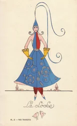 Kvinne i klokkekostyme, la bell, med klokkeformet hatt, kjole og hansker, og klokketårn i bakgrunnen. Litografi av ukjent kunstner med sjablonghåndkolorering fra «Nos Travestis» (Våre kostymer), Paris.