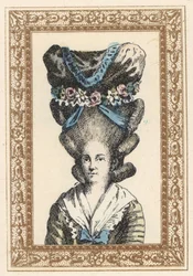Kvinne i Gabrielle Vergy-hatt, bundet med bånd og blomstergirlandere. Hatt à la Gabrielle Vergy, inspirert av Dormont De Belloyds tragedie fra 1777. Håndkolorert litografi av de Laubadere fra Octave Uzanes Stilig frisyre eller eksentrisk fineri fra