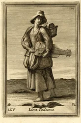 Kvinne som spiller det gamle hjulet (eller quot;Lira tedescoquot; eller quot;ghirondaquot;). I quot;Gabinetto Armonicoquot; av Filippo Bonanni, Roma