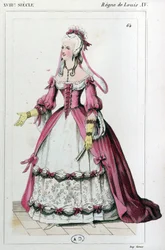 Kvinne iført en kjole slik Mme de Pompadour hadde på seg, ca. 1810 (gravering)