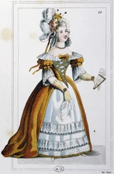 Kvinne iført en kjole slik Mme du Barry hadde på seg, ca. 1810 (gravering)