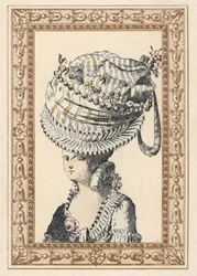 Kvinne iført en enorm hatt kalt Århundrets lykke. Håndkolorert litografi av de Laubadere fra Octave Uzanes stilfulle frisyre eller eksentrisk fineri fra kong Ludvig XVIs tid, Frisyrer de Style, La Parure Eccentric, Rouveyre, Paris