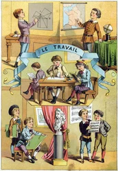 Arbeid i klasserommet. Gravering i "Alphabet des petits ecoliers". Avbildning av Epinal, ca. 1885. Privee Collection