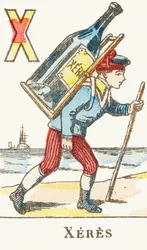 X : Xeres, en gutt holder en stor flaske vin på ryggen - Games Alphabet, ca. 1890 (gravering)