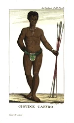 Ung San-mann med spyd, Sør-Afrika. Fra Francois Le Vaillant (Levaillant