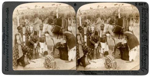 Eksperter som kjøper silkekokonger for eksport til Frankrike, Antiokia, Syria, 1900-tallet.