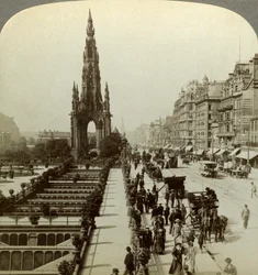 Princes Street og Scott-monumentet, Edinburgh, Skottland, ca. sent på 1800-tallet.