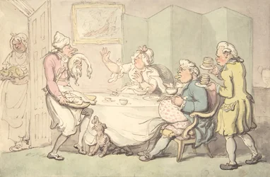 Et par ved bordet med tjenere, 1700-1800-tallet.