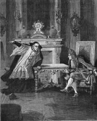 1715: the King of France Louis XIV (1638-1715) hearing the words of Father Michel Le Tellier (1643-1719), his Jesuite confessor. Engraving of the 19th century. In “Histoire de France” by Jules Michelet