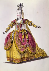 Teaterdrakt fra 1700-tallet, gravering av Paris fra 1800-tallet, B.N.
