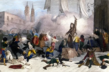 05.02.1808: Madrid-opprøret mot den franske overtakelsen av Spania. Gravering fra 1800-tallet