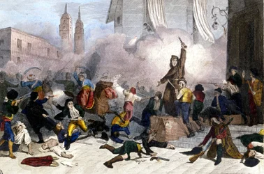 2/05/1808: Madrid-opprøret mot den franske overtakelsen av Spania. Litografi rundt 1830.