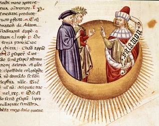 4. himmel: Dante og Beatrice møter kong Salomo. Opplyst side som illustrerer en sang fra Paradiset fra "Divina Commedia" av Dante Alighieri (1265-1321). 1300-tallet, Venezia, Biblioteca Marciana