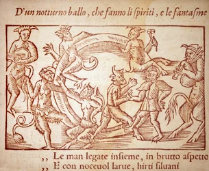 En sabbat, gravering av Olaus Magnus (1490-1557), svensk religiøs og geograf, -i "History of the Northern Nation"