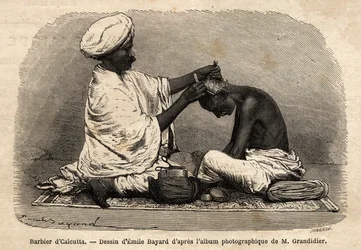 En barberer som jobber i gatene i Calcutta. Gravering for å illustrere reisen i meridionalprovinsene i India, av Alfred Grandidier, i 1862-1864, utgitt i "" le tour du monde", redigert av D