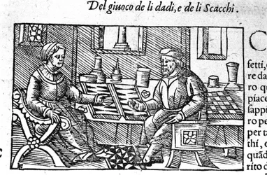 Et par som spiller terninger. Gravering etter "Historia de gentis septemtrionalis" av Olaus Magnus, Roma 1560.