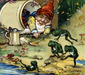 En dverg eller farfadet som leker med frosker. 1800-talls kromolitografi.