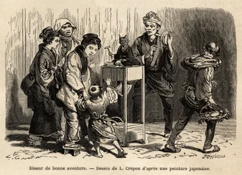 En spåkone i gatene i Edo (nå Tokyo). Gravering for å illustrere reisen til Japan, av Aime Humbert, minister for det sveitsiske konføderasjonen, i 1863-1864, publisert i "" le tour du monde", under ledelse av Edouard Charton, Hachette, Pari