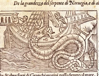 En gigantisk marin slange angriper et skip og slår mannskapet. Gravering av Olaus Magnus (1490 - 1557), svensk religiøs og geograf, "Historia de Gentis Septentrionalibus", Venezia