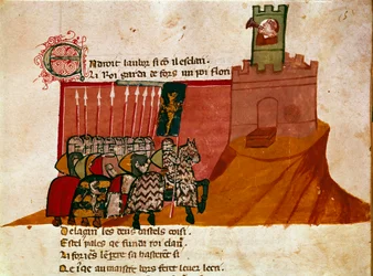 En gruppe franc-riddere ankommer et miniatyrslott fra «Entree of Spain». Venezia fra 1300-tallet, Biblioteca Marciana.