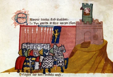 En gruppe ærlige riddere ankommer et slott. Miniatyr fra "" Entree of Spain"". Venezia fra 1300-tallet, Biblioteca Marciana.