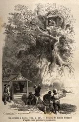 En eremitt i Kyoto (eller Kioto), isolerer seg i en hytte som ligger i grenene til et tre, på en liten øy, eremitten kan bare stole på generositten til innbyggerne i regionen som gir ham maten hans; rett overfor treet hans, tar en liten paviljong imot v