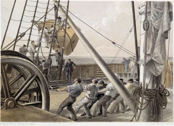 En enorm flekkbøye ble trukket 2. august 1858 - i "The Atlantic telegraph" av W. H. Russel, ca. 1860