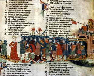 En konge blir tatt til fange og ført bort av fiendens hær, mens slagets ofre ligger på bakken. Miniatyr fra «Roman de Troie» av Benoît de Sainte-Maure. 1300-tallet, Biblioteca Marciana, Venezia.