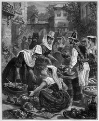 En markedsdag på Tenerife (Tenerife) på Kanariøyene i Atlanterhavet - En dag med vandring på Tenerife (Tenerife) på Kanariøyene i Atlanterhavet - gravering av 1888