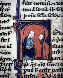 En miniatyrbokstav "R" som representerer en vis mann, hentet fra et manuskript av Aristoteles