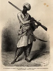 En fjellklatrer fra Hazara (Punjab, India). Gravering for å illustrere reisen til Pandjab og Kashmir, historie av Guillaume Lejean, i 1866, publisert i "Le tour du monde, nouveau journal des voyages", under ledelse av Edouard Charton
