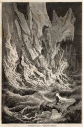 En isbjørn stammer fra et isfjell, etter kollapsen av en isblokk fra Spitzberg, en øygruppe i Polhavet, tegnet av V.Foulquier, for å illustrere Spitzberget i 1838-1839, av Charles Martins. Gravering i "" Le tour du monde"", redigert av