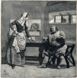 En scene av "Falstaff" fra Opera-eponymet av Giuseppe Verdi ble opprettet i 1893. Gravering i "" Le Parisien""