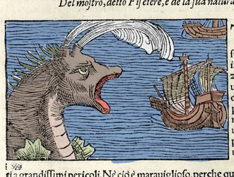 En spermhval (?) (fyseter) angriper et skip. Gravering av Olaus Magnus (1490 - 1557), svensk religiøs og geograf, "Historia de Gentis Septentrionalibus", Venezia