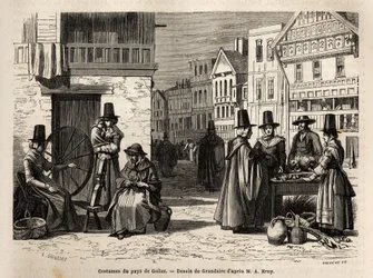 En gate i Wales, med lokalbefolkningen kledd i tradisjonelle kostymer, og dagligdagse aktiviteter: en førstehåndsfamilie og kvinner som spinner ull med hjul. Engravure pour illustrrer un voyage dans le pays de Wales, en 1862, av Alfred Erny, i "Le tour du 