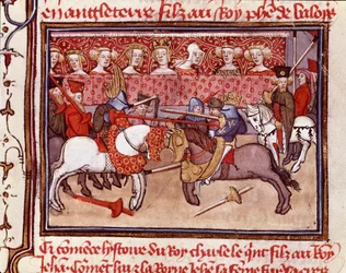 En ridderturnering på tiden for kongen av Frankrike Charles V (1338-1380) Miniatyr hentet fra "" Les grandes Chronicles de France"" Chantilly fra 1300-tallet, Musee Conde