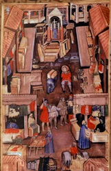 En spasertur: drapere, skreddere, kleshandlere i en fransk by. Øverst, konstruksjon av en miniatyrkirke fra et manuskript fra 1400-tallet Paris, B.N.