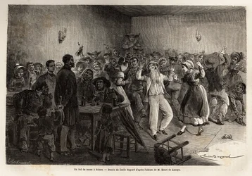 Et bryllupsball i Salers, gravering for å illustrere en reise til vulkanene i det sentrale Frankrike i 1864, i «Le tour du monde, nouveau journal des voyages»» utgitt under ledelse av Edouard Charton