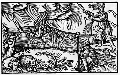 En heks forårsaker storm etter «Historia de gentis nortentrionalibu» av Olaus Magnus, Roma 1555