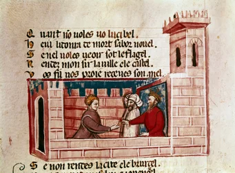 En kvinne møter en konge i et slott og gir ham en miniatyrgave fra «Entree of Spain»». Venezia fra 1300-tallet, Biblioteca Marciana.