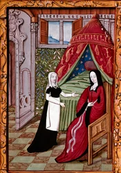 En ung kvinne sannsynligvis Louise Laval (død 1480) på soverommet sitt med sin miniatyrtjener hentet fra "" Histoire de Jean III de Brush et de sa femme Louise de Laval""" (fr. 1475, fol. 10r) Chantilly, musee Conde