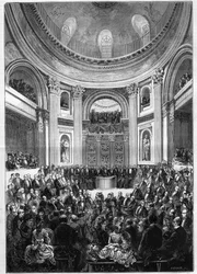 Academie Francaise: mottakelse av Henri d'Orleans, hertug av Aumale (1822-1897), fransk soldat, politiker og historiker, 3. april