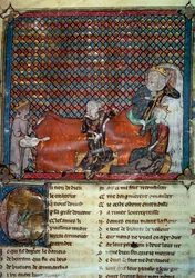 Adenet le Roi (ca. 1240 - ca. 1300), poet og menestrel, resiterer Cleomades sin roman, før Mathilde de Brabant (1224-1288) og prinsesse Blanche av Castilla (datter av Saint Louis). Miniatyr fra en samling fransk dikt