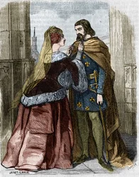 Agnes Sorel (1422-1450) (Lady of Beaute sur Marne) (Beaute-sur-Marne) and King of France Charles VII in the Abbey of Jumieges. Engraving of the 19th century.