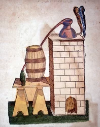 Alkymi: apparat for destillasjon. Gravering fra en bok av Pietro Andrea Mattioli (Matthiole) (1500-1577). Frankfurt