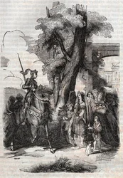 Alcina and her court come to greet Ruggiero - engraving of 1851 from the poem Orlando furioso (1516) by Ludovico Ariosto, - Edition translated from Italian by the Count of Tressan and published by Gustave Harvard 1851