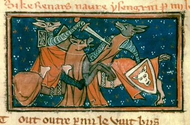 Allegori om middelalderens samfunn: "Reven sårer Isengrim i enestående kamp"". Miniatyr fra manuskriptet "The Roman De Renart Le Nouvel" av Jacquemars Gielee
